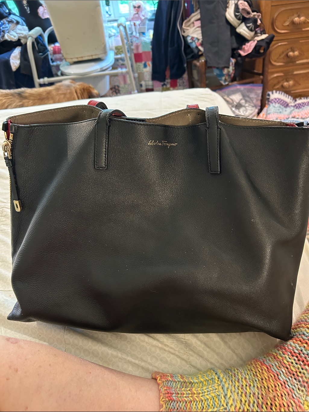 Salvatore Ferragamo Black Leather Tote With Gold-Tone Zip Accent